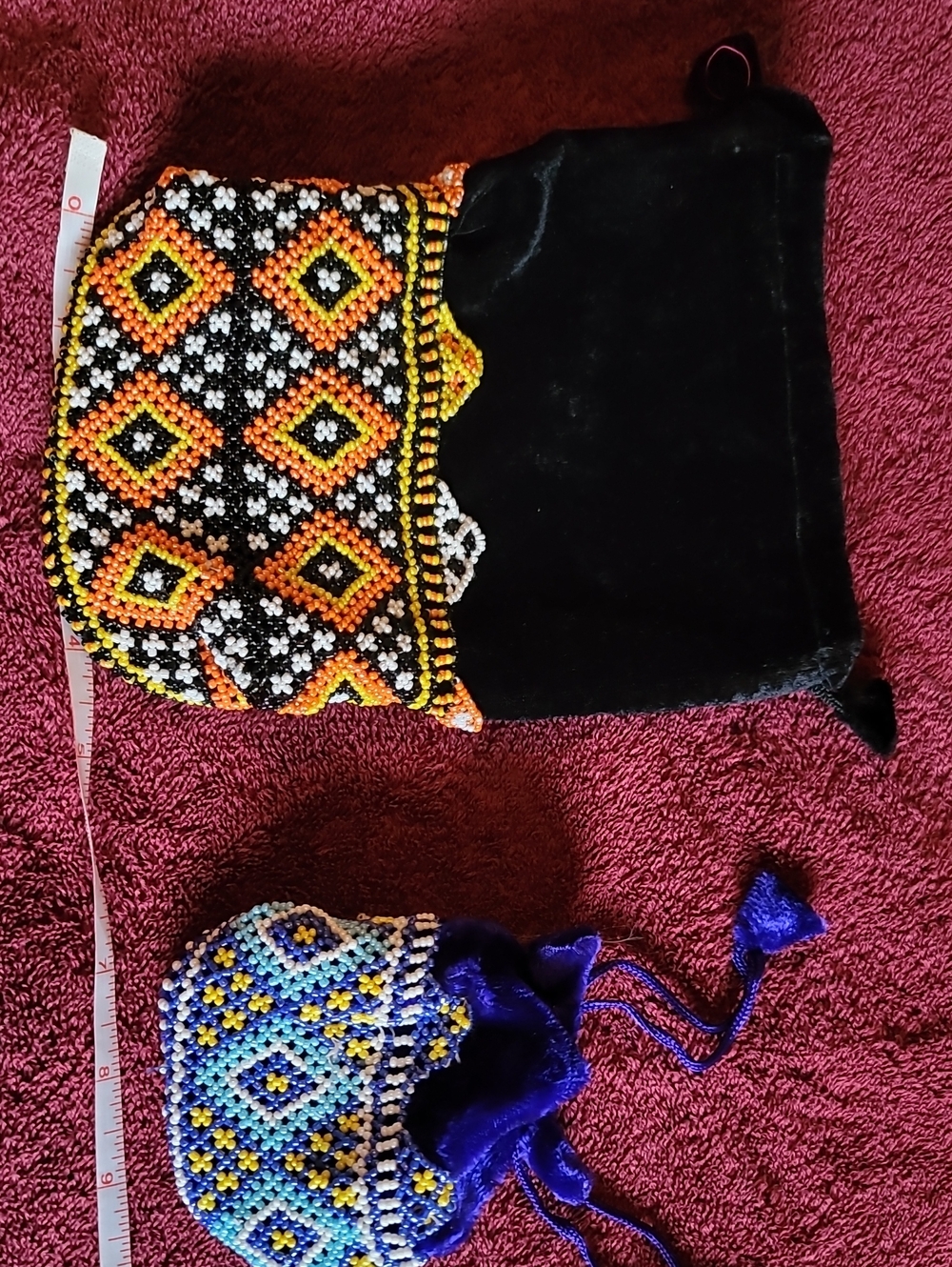 Beaded Drawstring Pouch - Black, Orange & Yellow